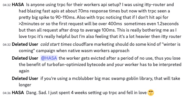 Discord chat between 2 users in Cloudflare Discord about tRPC on Cloudflare Workers